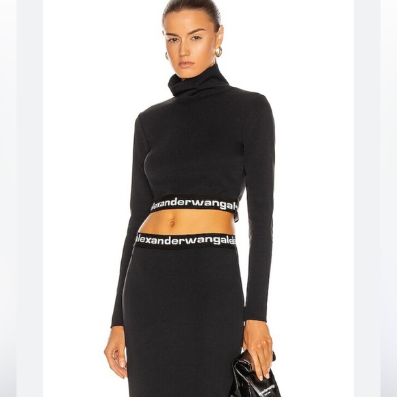 Alexander Wang Logo Elastic Cropped Mock Neck Top Long Sleeve Black - Picture 4 of 15
